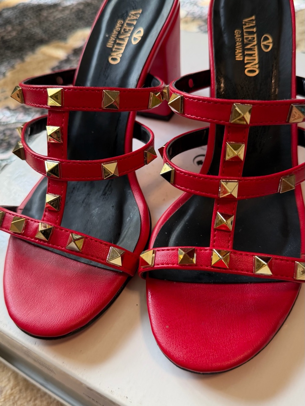 Valentino Garavani Red Leather Pyramid-Stud Slide Mules - Picture 3 of 6